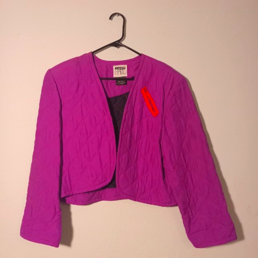 Vintage Jeanne Marc quilted cotton jacket, purple with red accents, size medium.